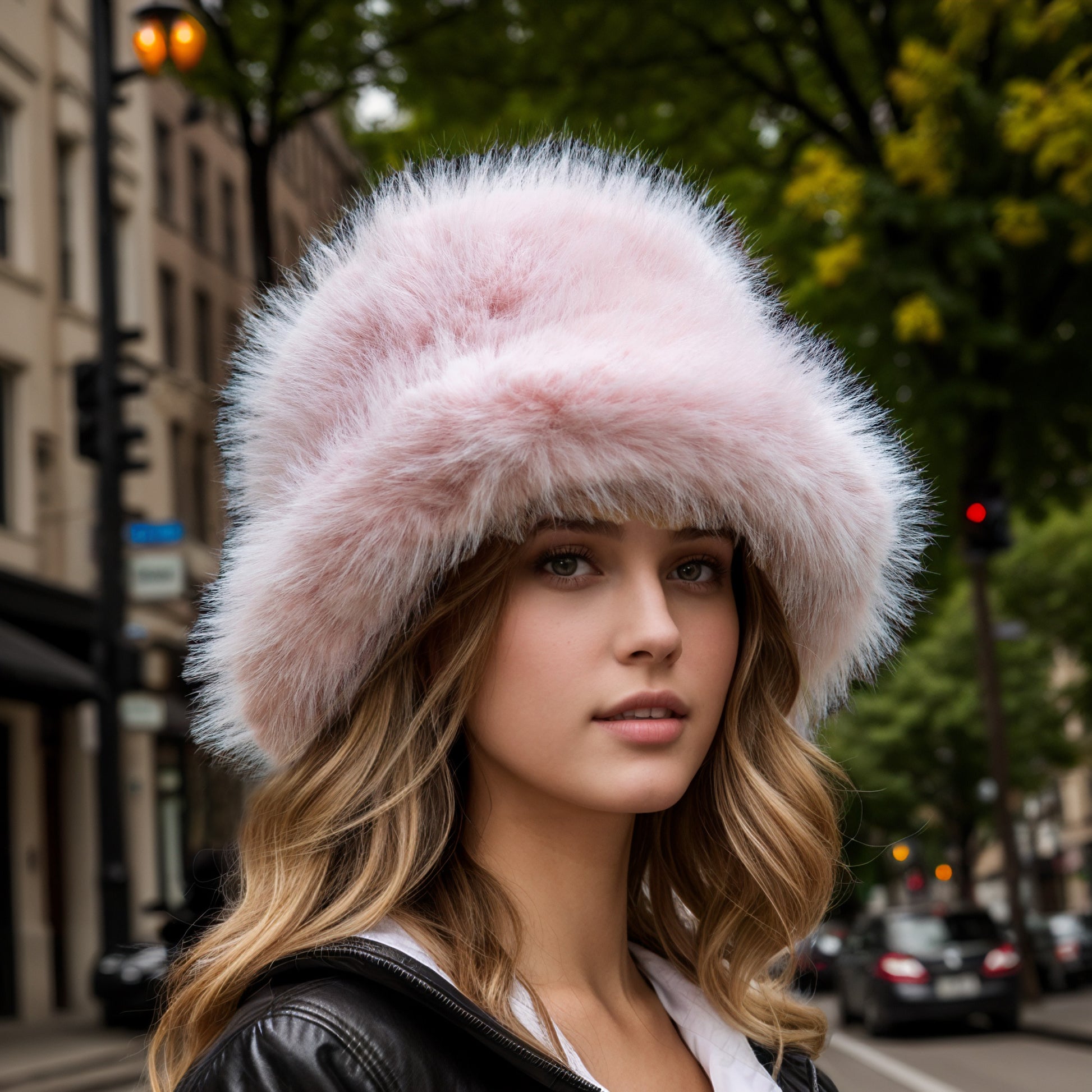 Pink faux fur bucket hat