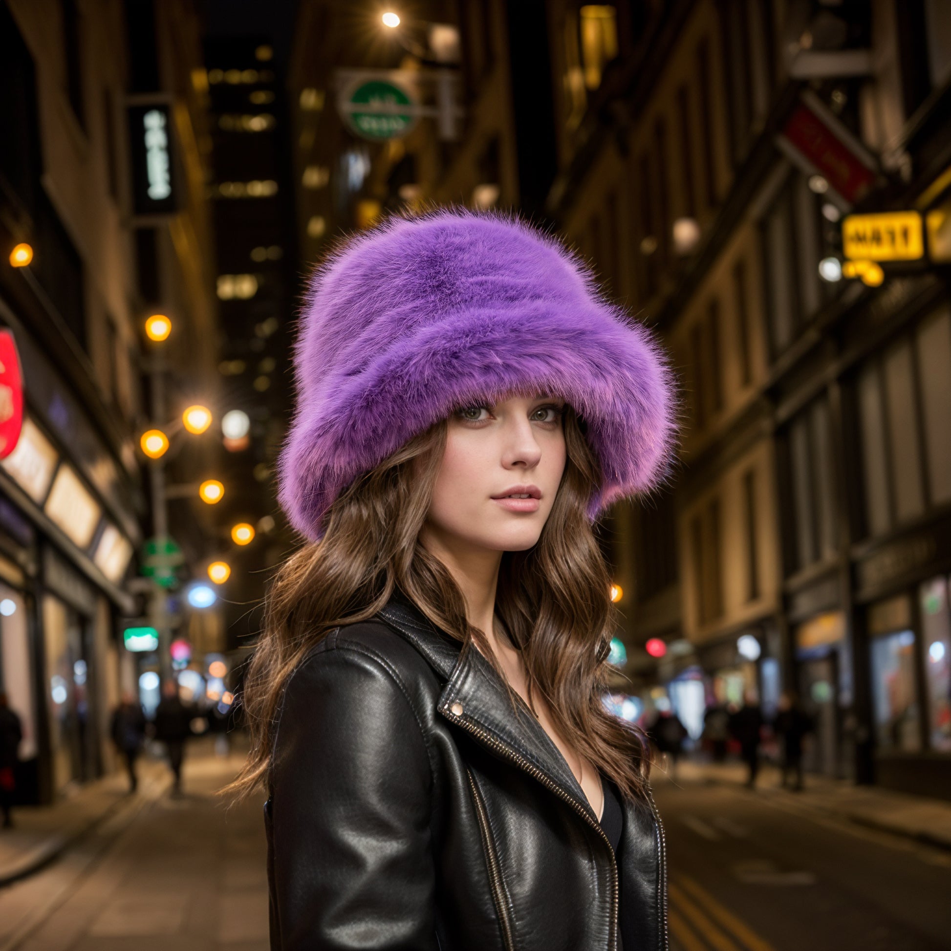 Purple faux fur bucket hat