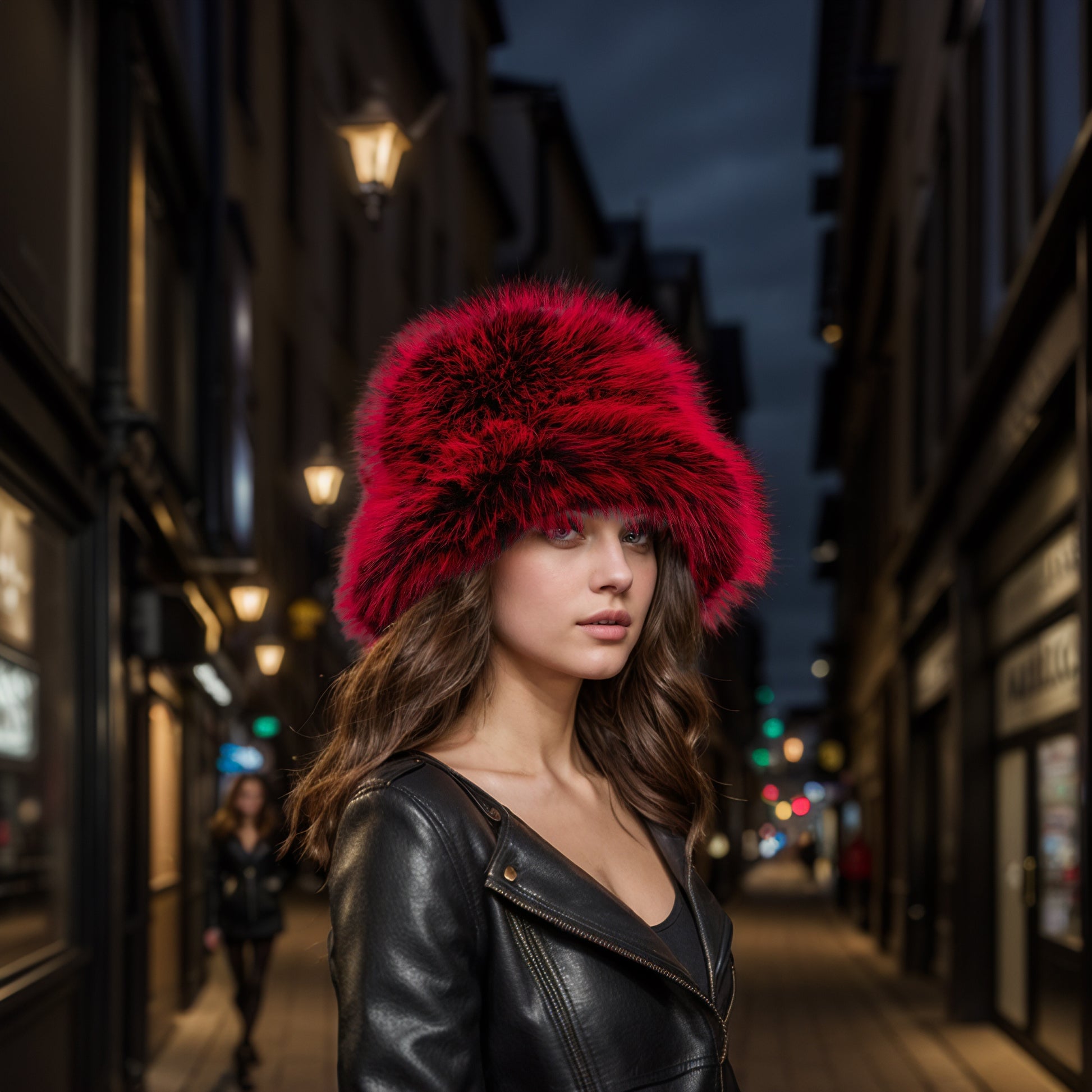 Red black faux fur bucket hat