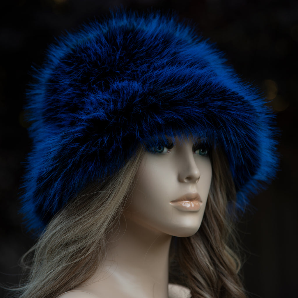 Blue black faux fur bucket hat