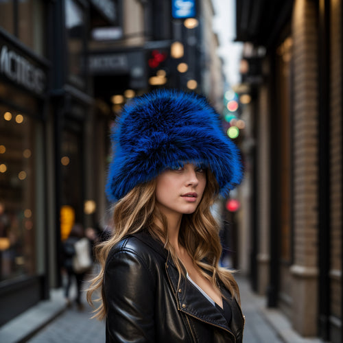 Blue black faux fur bucket hat