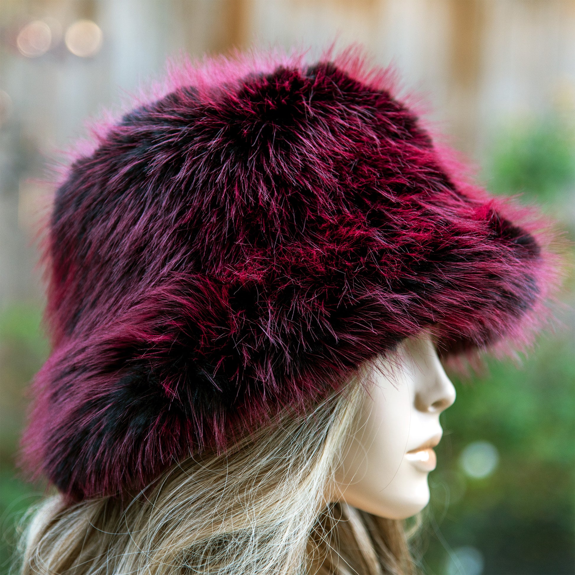 Burgundy black faux fur bucket hat