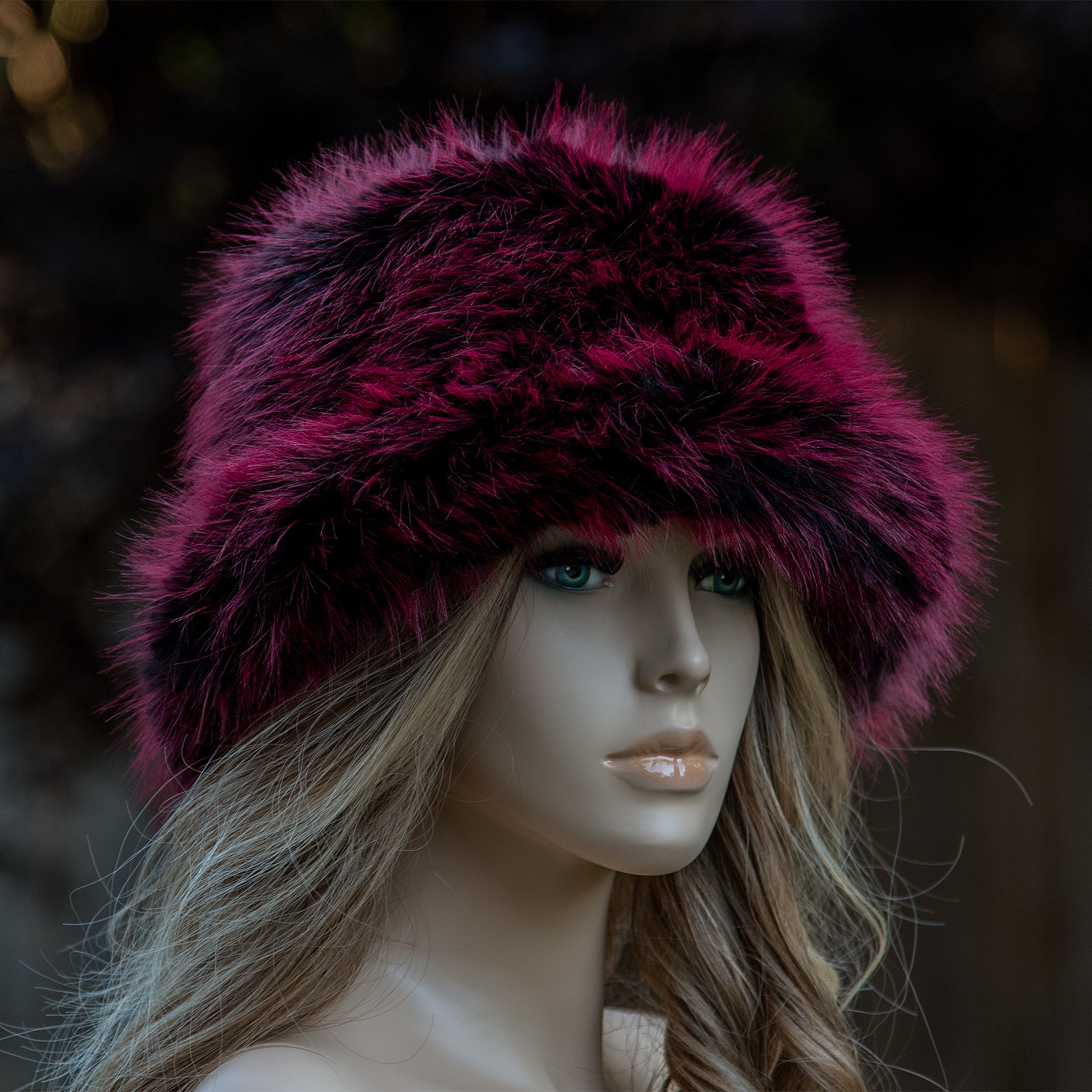Burgundy black faux fur bucket hat