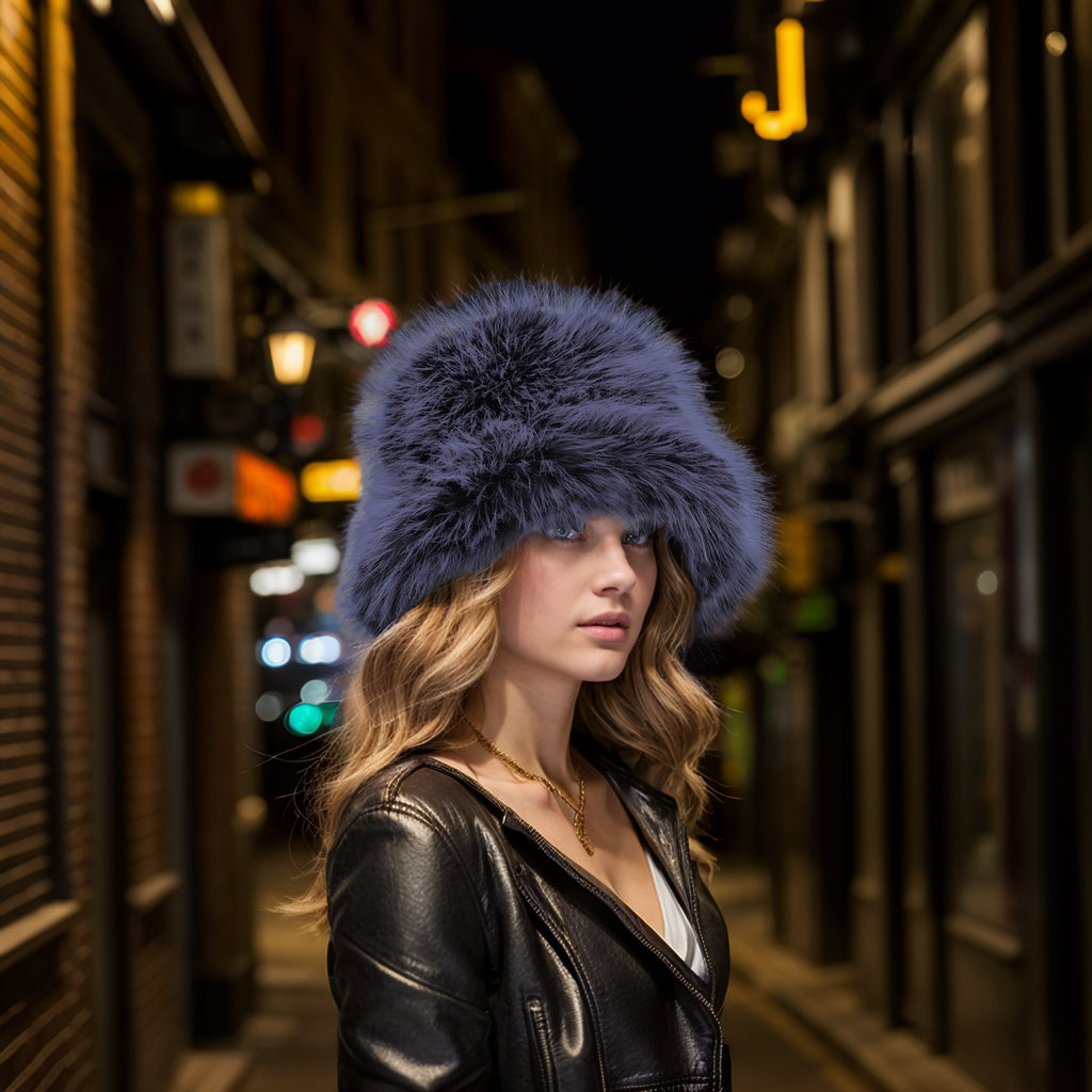 Gray black faux fur bucket hat