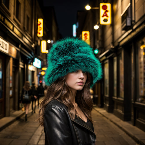 Green black faux fur bucket hat