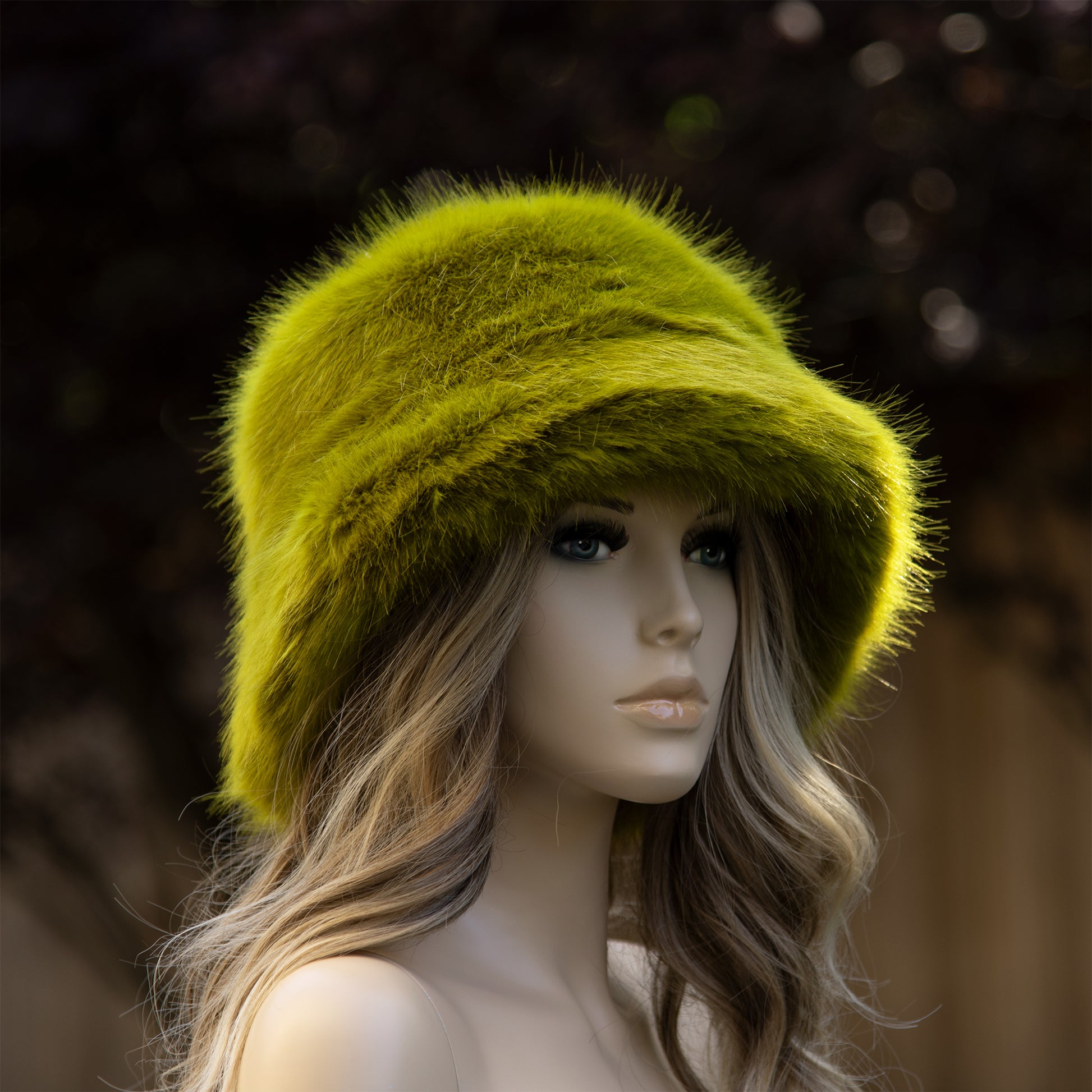 Green yellow faux fur bucket hat