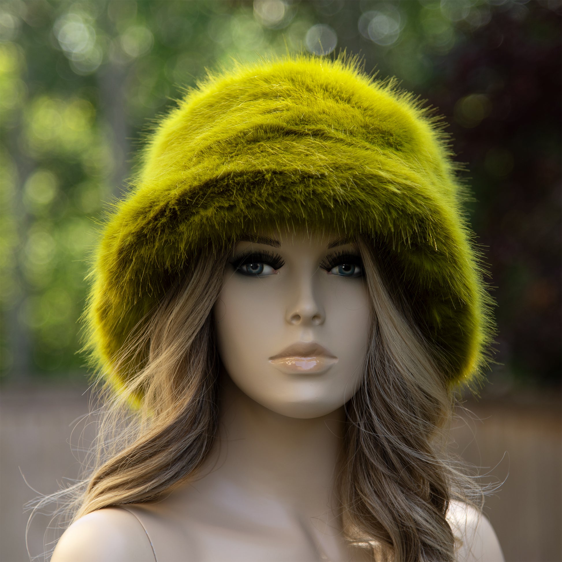 Green yellow faux fur bucket hat
