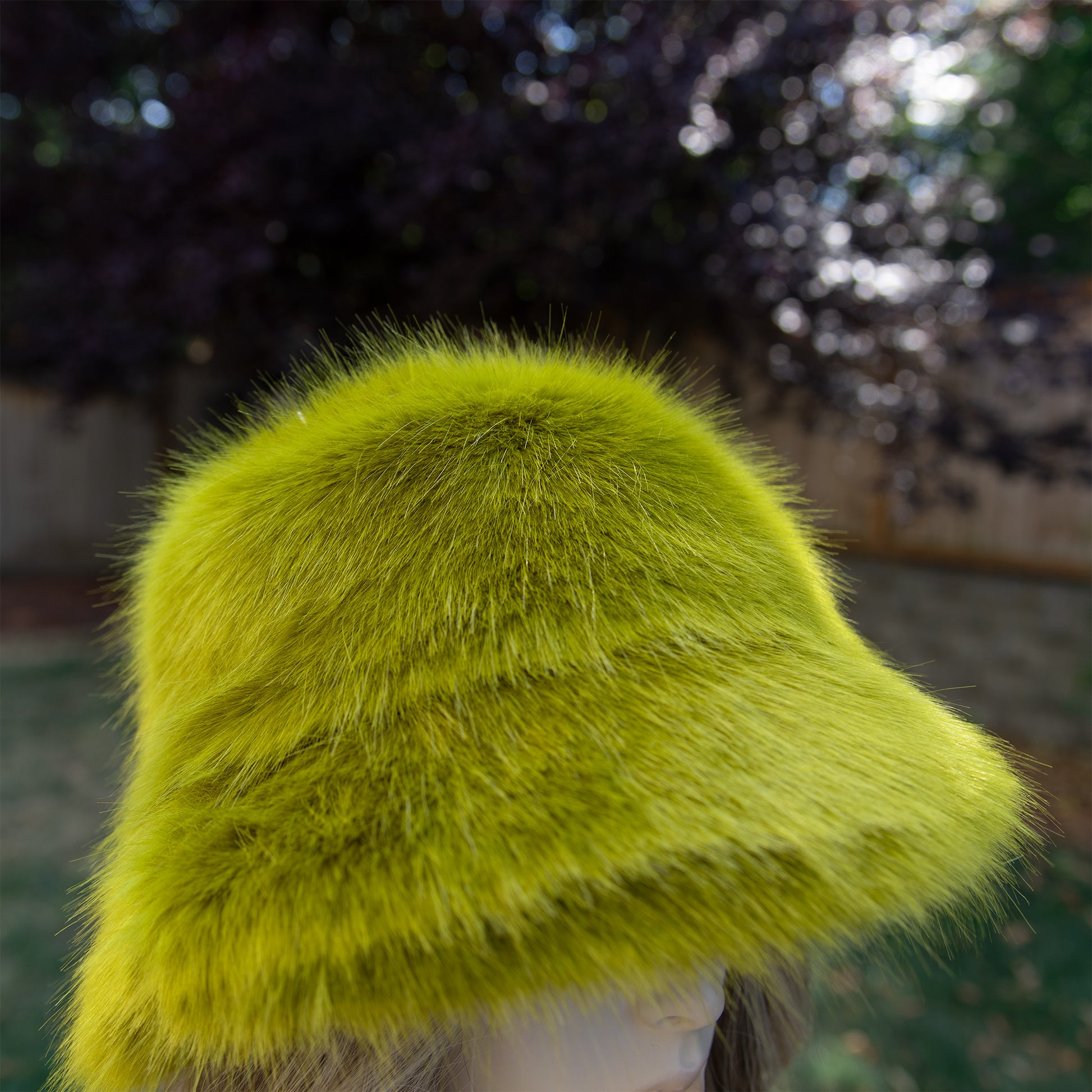Green yellow faux fur bucket hat