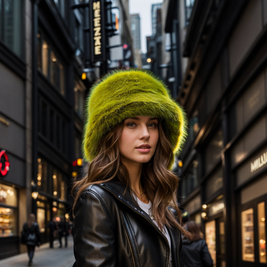 Green yellow faux fur bucket hat