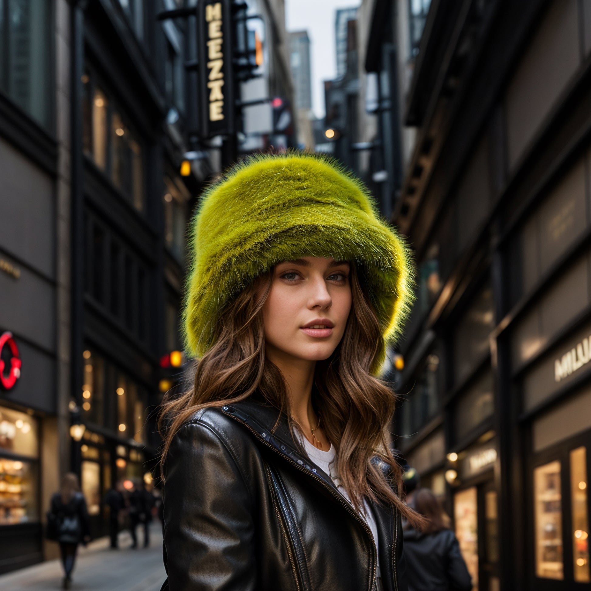 Green yellow faux fur bucket hat