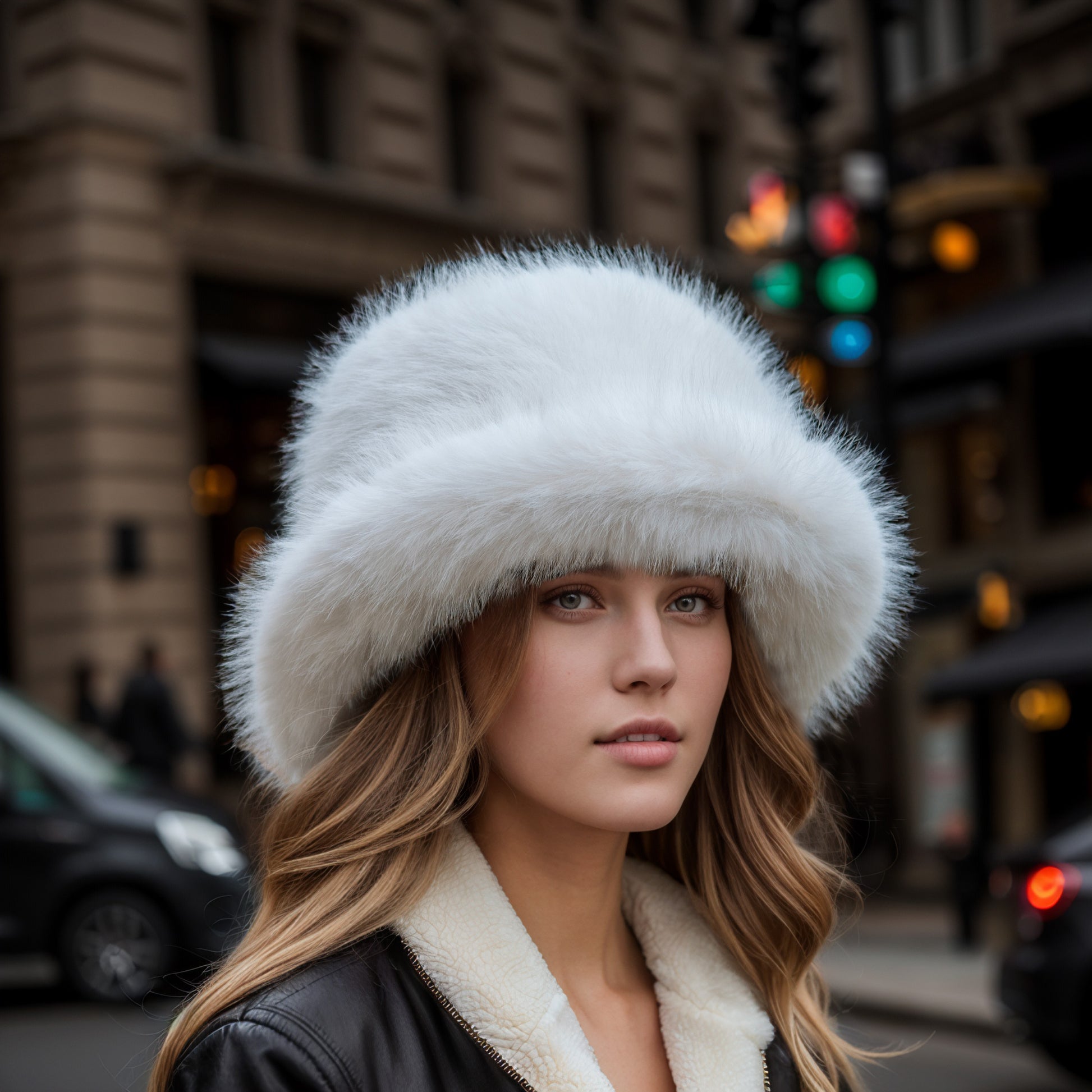 White faux fur bucket hat