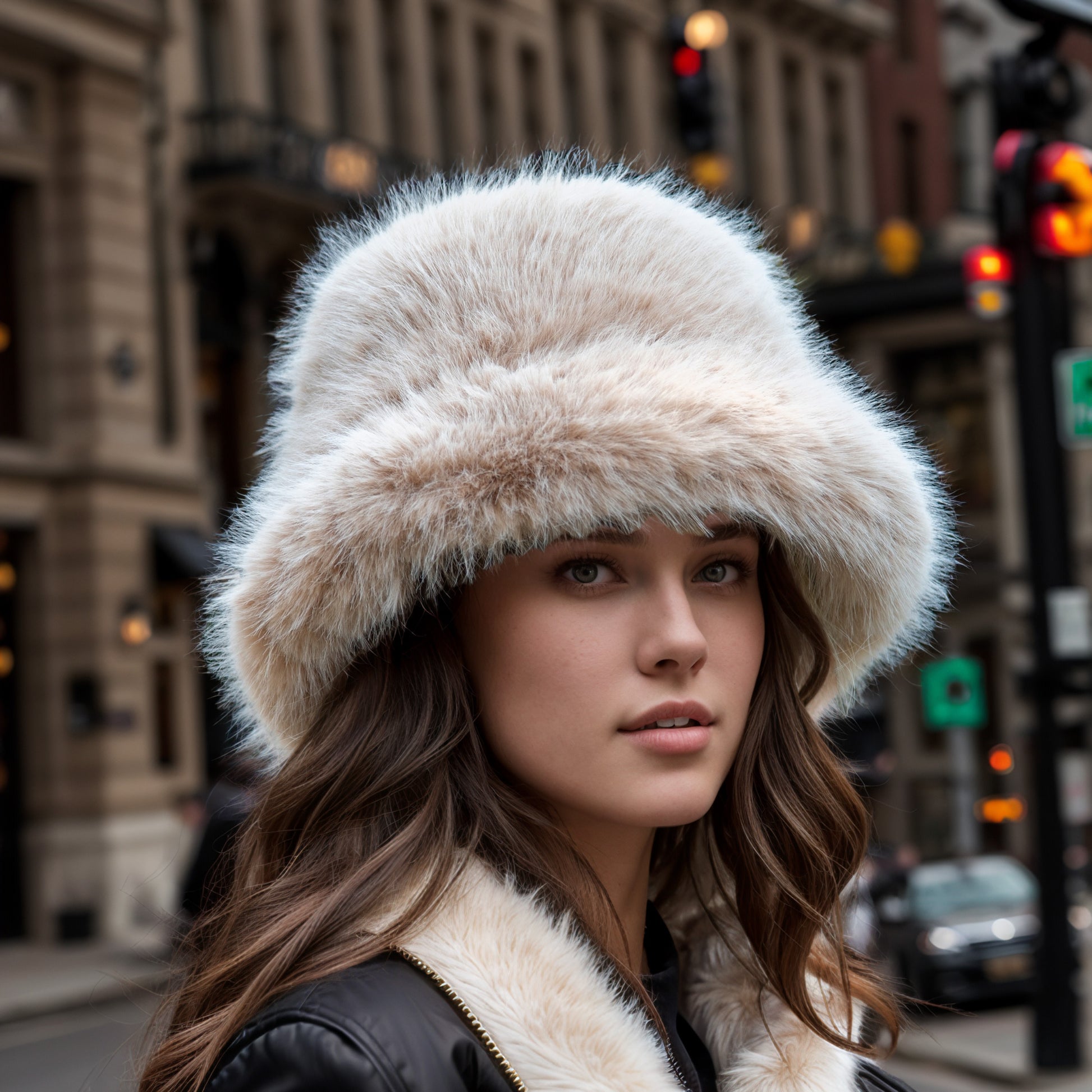 Light beige faux fur bucket hat