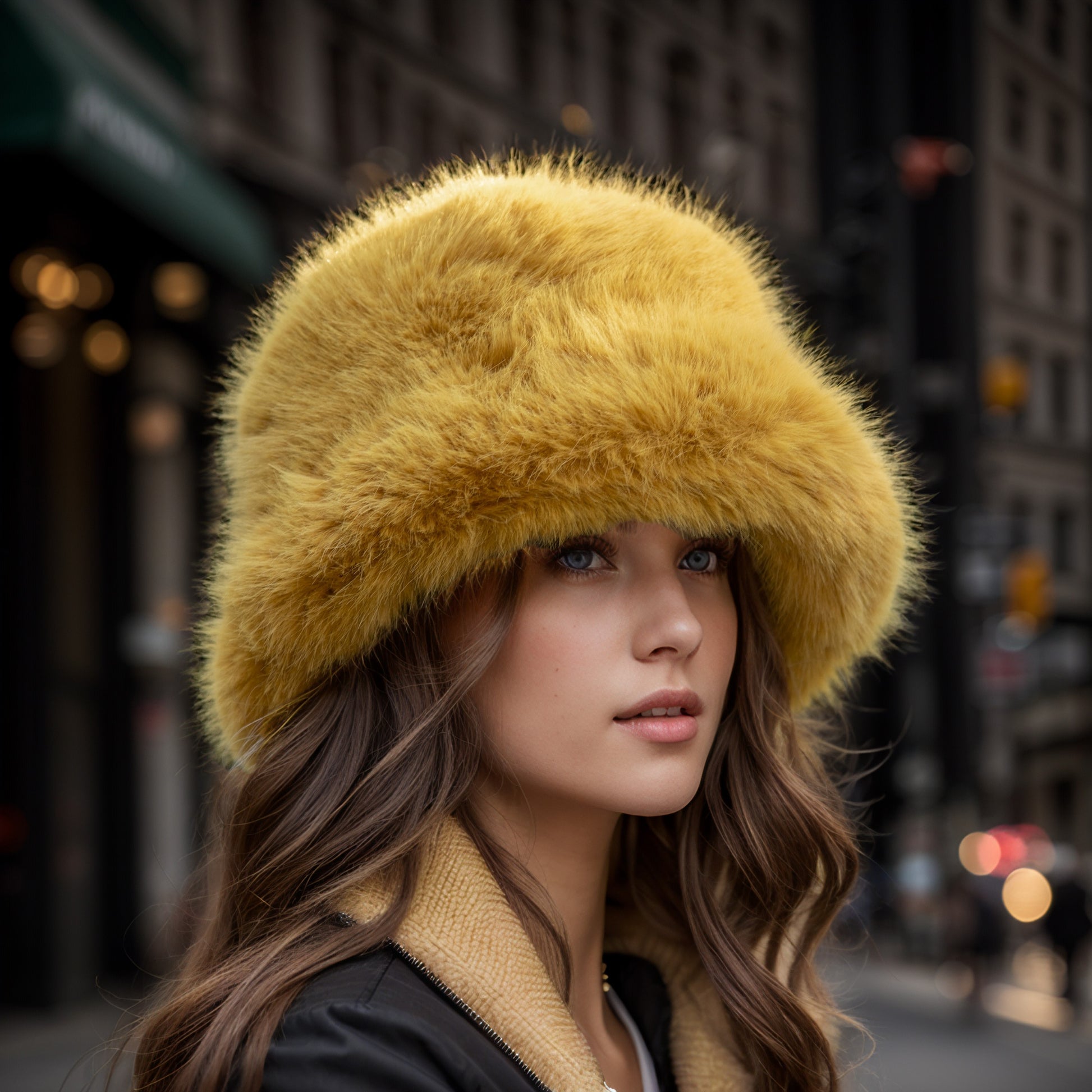 Mustard faux fur bucket hat