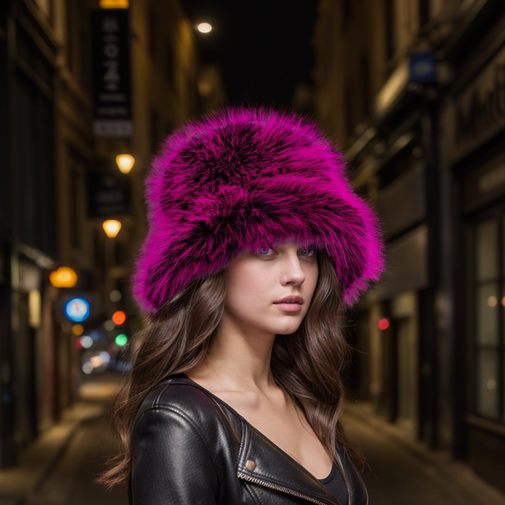 Pink black faux fur bucket hat