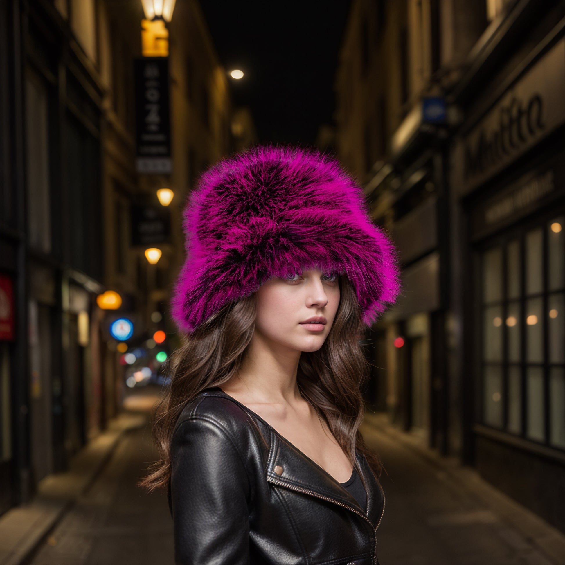Pink black faux fur bucket hat