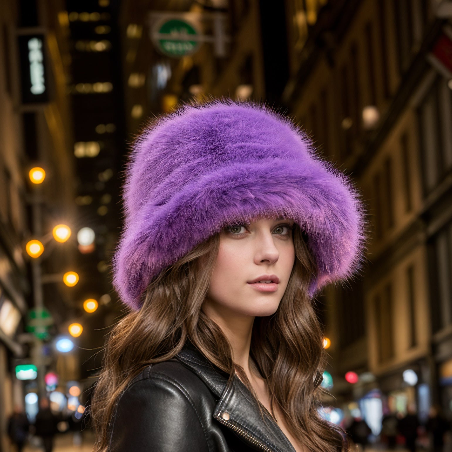 Purple faux fur bucket hat