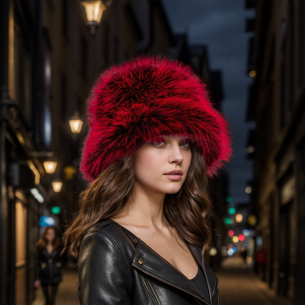 Red black faux fur bucket hat