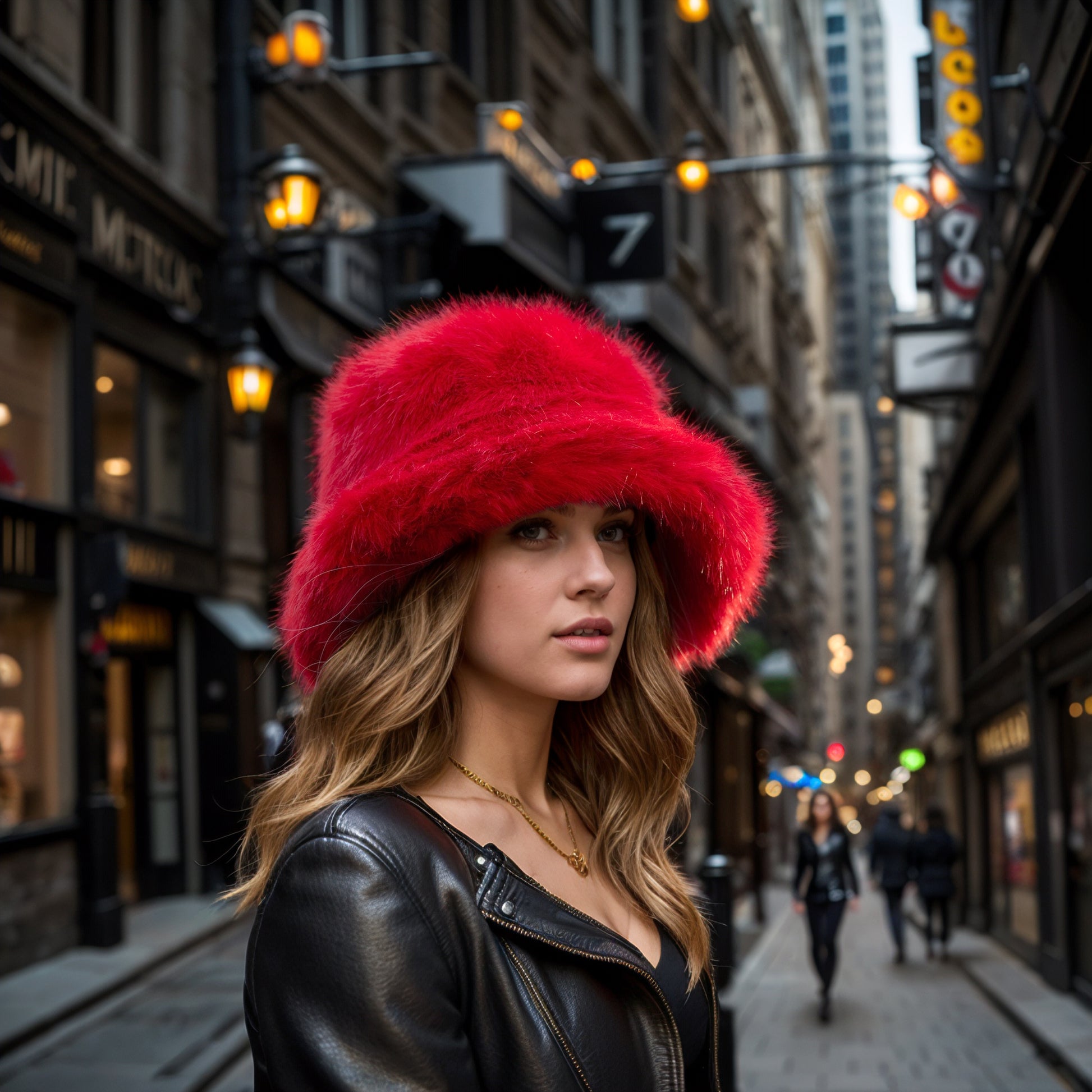 Red faux fur bucket hat