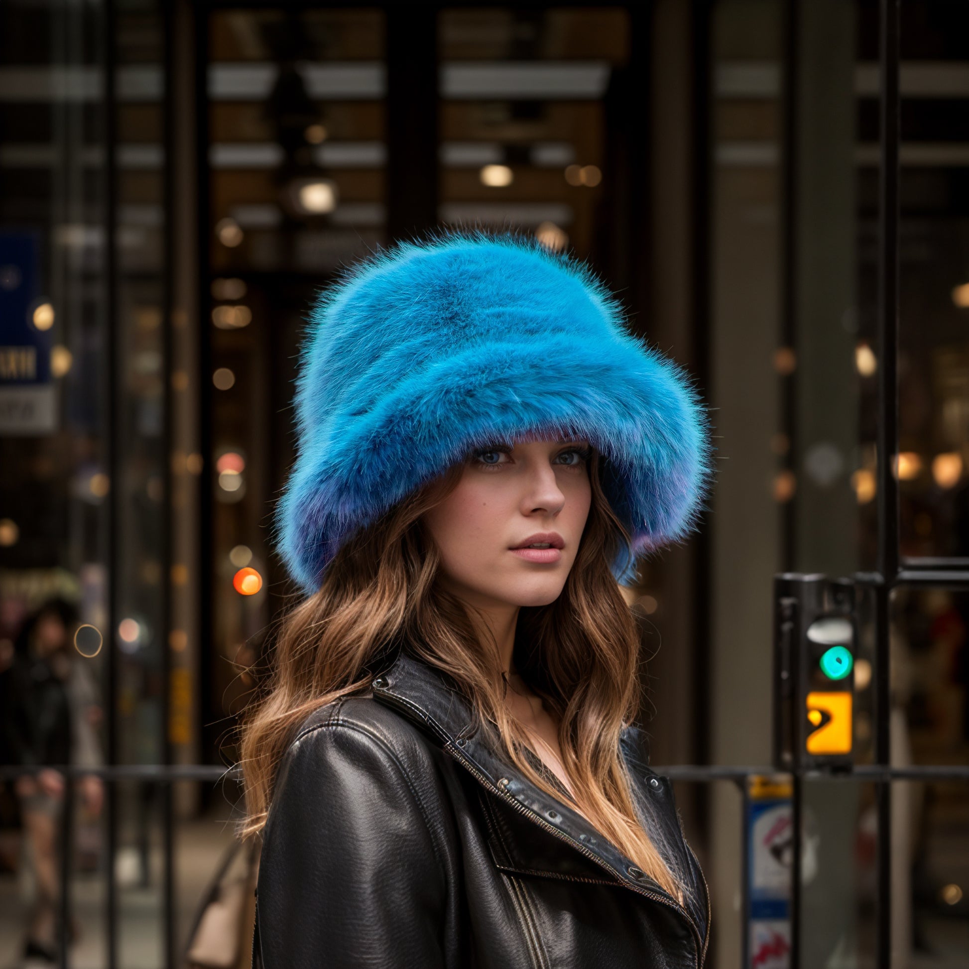 Teal faux fur bucket hat