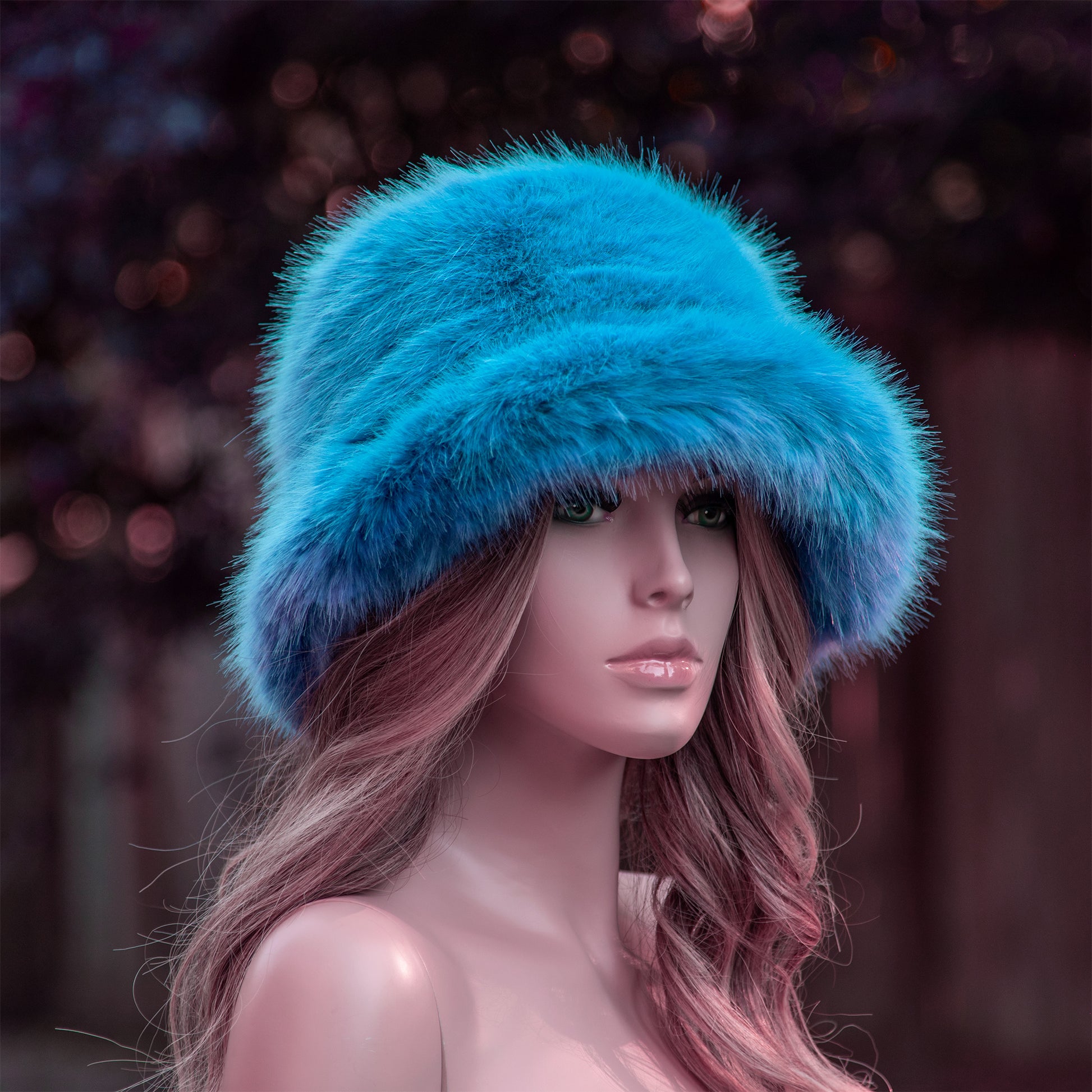 Teal faux fur bucket hat
